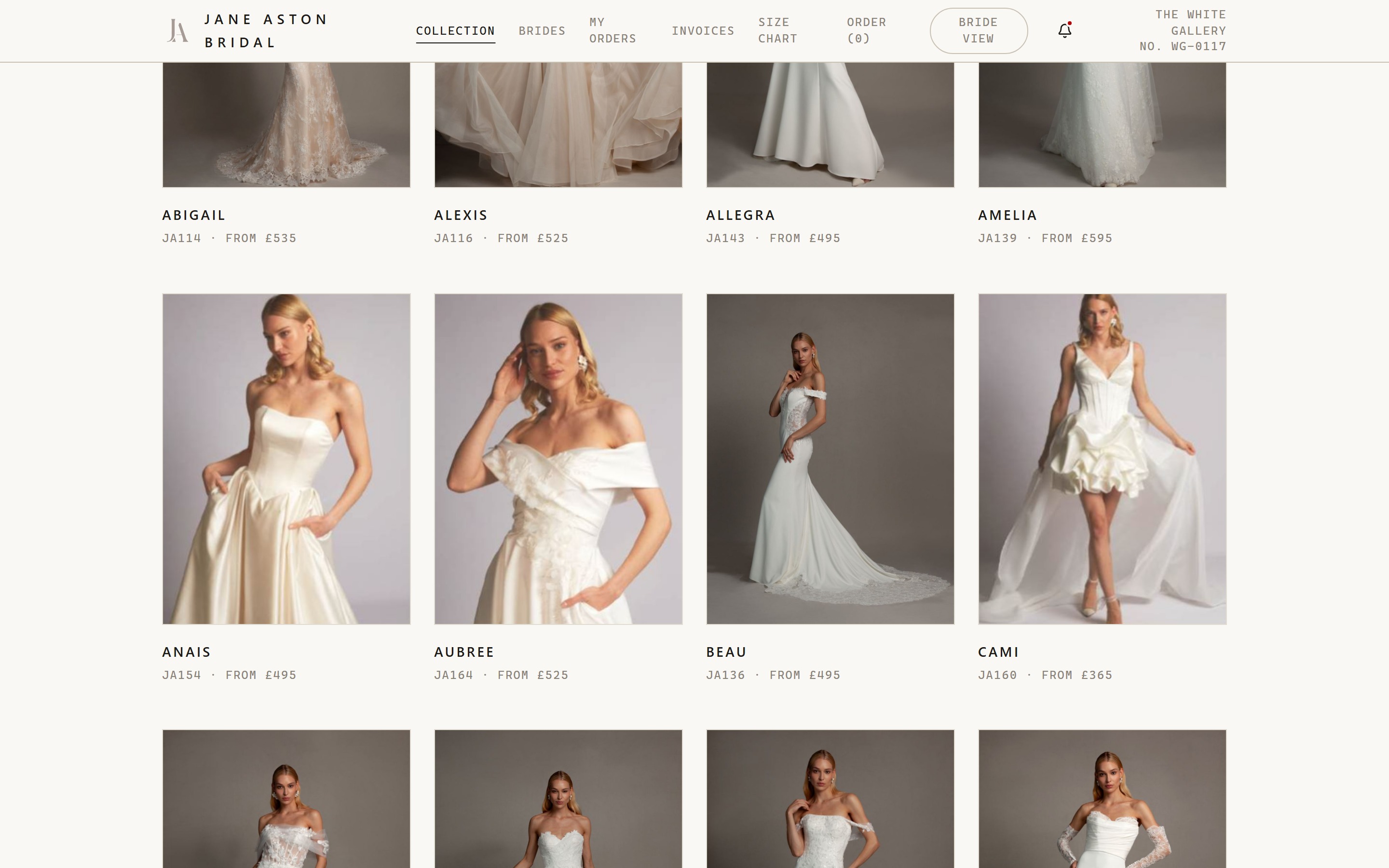 The gown collection grid with trade pricing