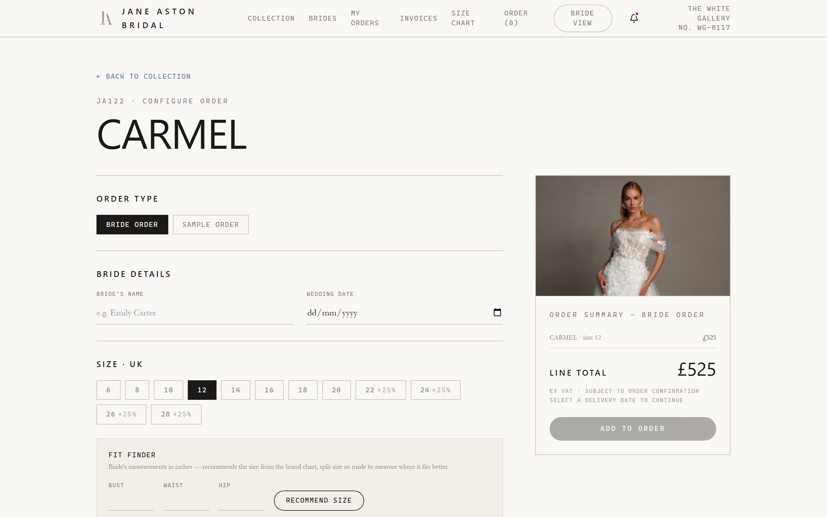 Made-to-order gown configurator with live pricing